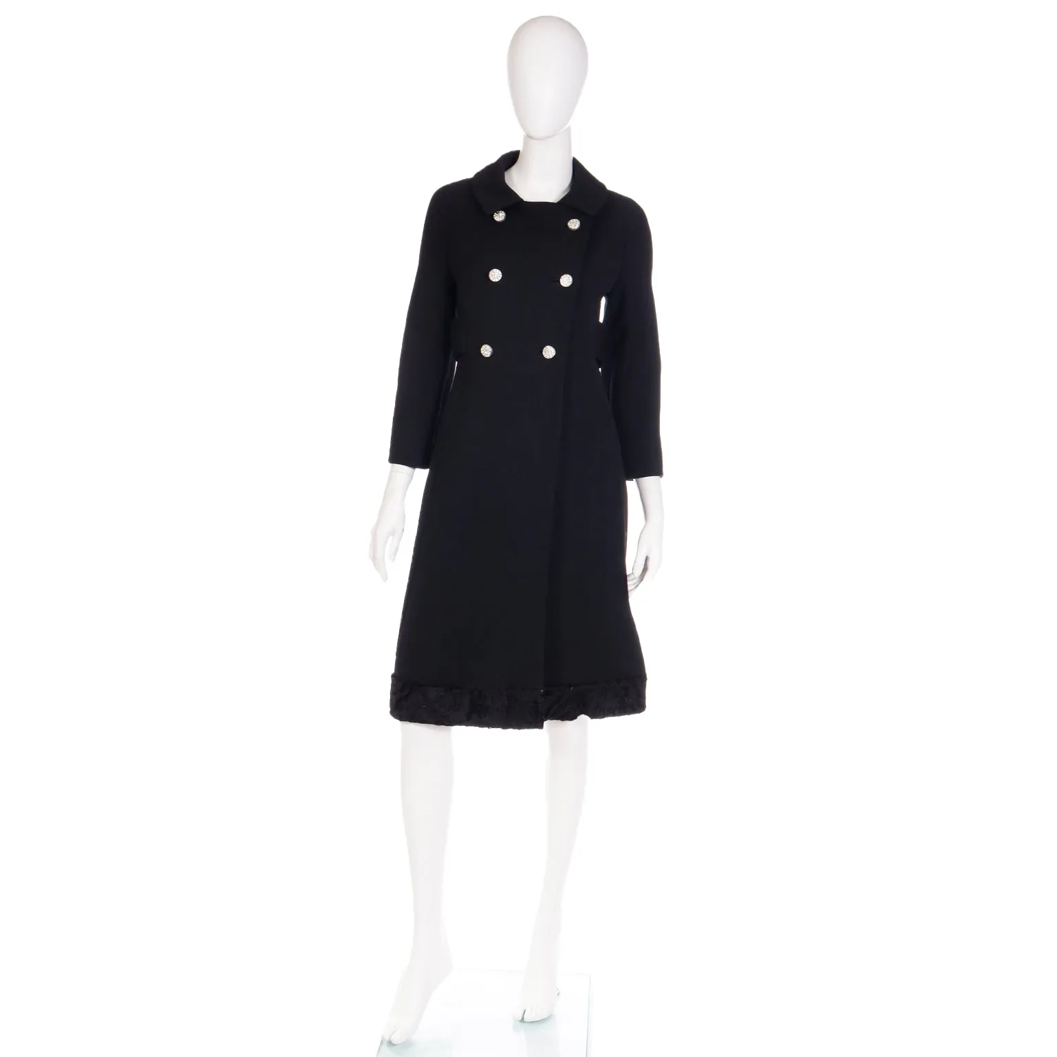 1960s Golet Original Black Coat W Faux Lambswool Trim & Rhinestone Buttons