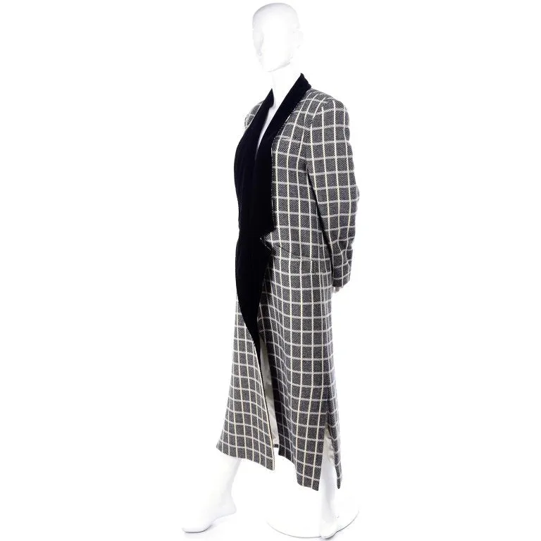 1980s Escada Black & Cream Plaid Coat With Black Velvet Lapels