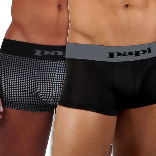 [2 Pack] Papi Ombre Dot/Solid Brazilian Trunk Microfiber Boxer Brief Underwear Black Grey 626168 Size XL