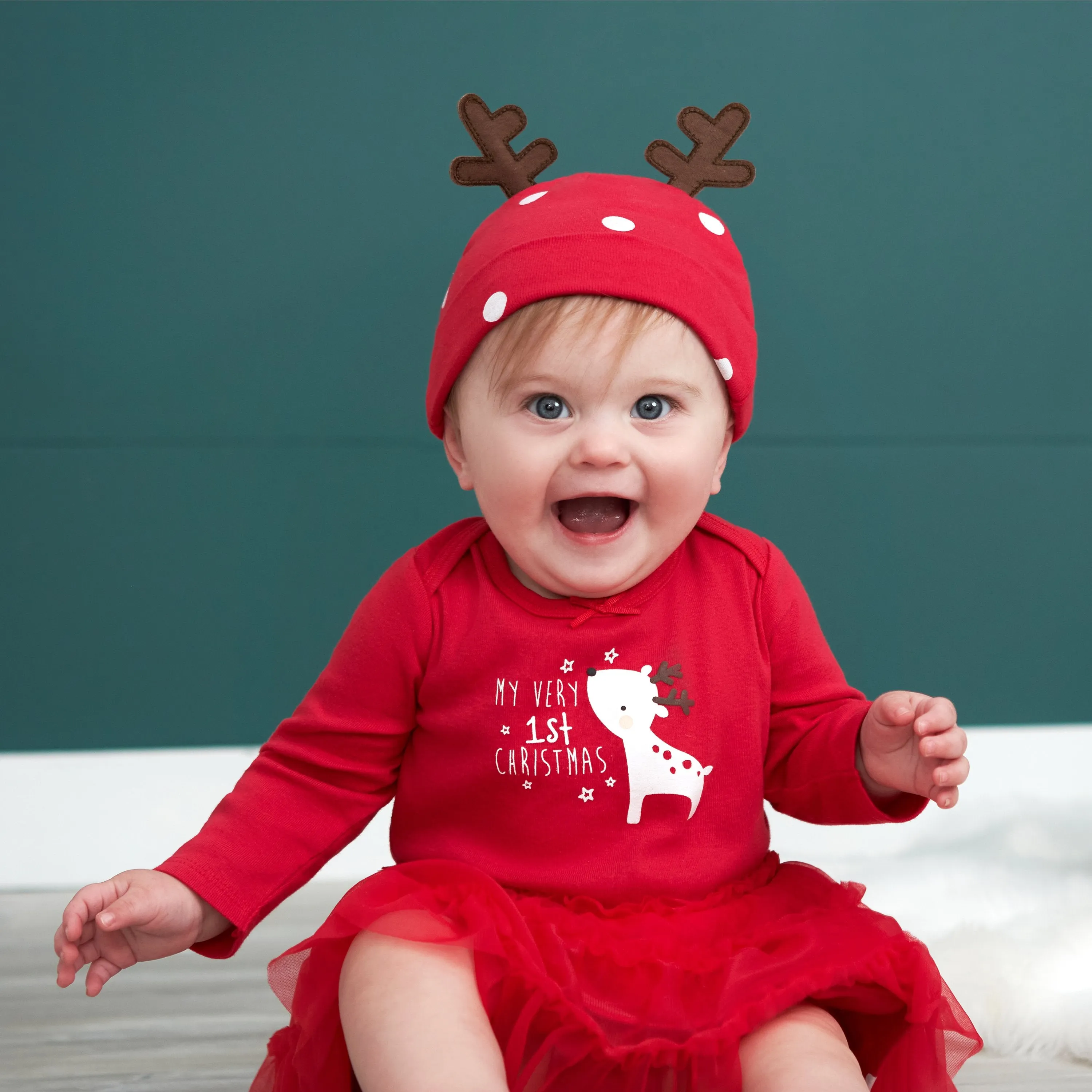 2-Piece Baby Girls Reindeer Skirted Onesies® Bodysuit & Cap