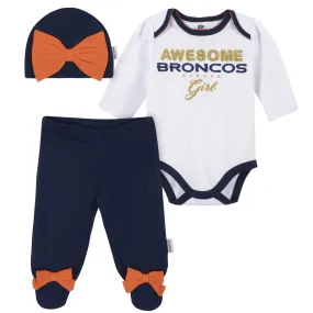 3-Piece Baby Girls Denver Broncos Bodysuit, Footed Pant, and Cap Set