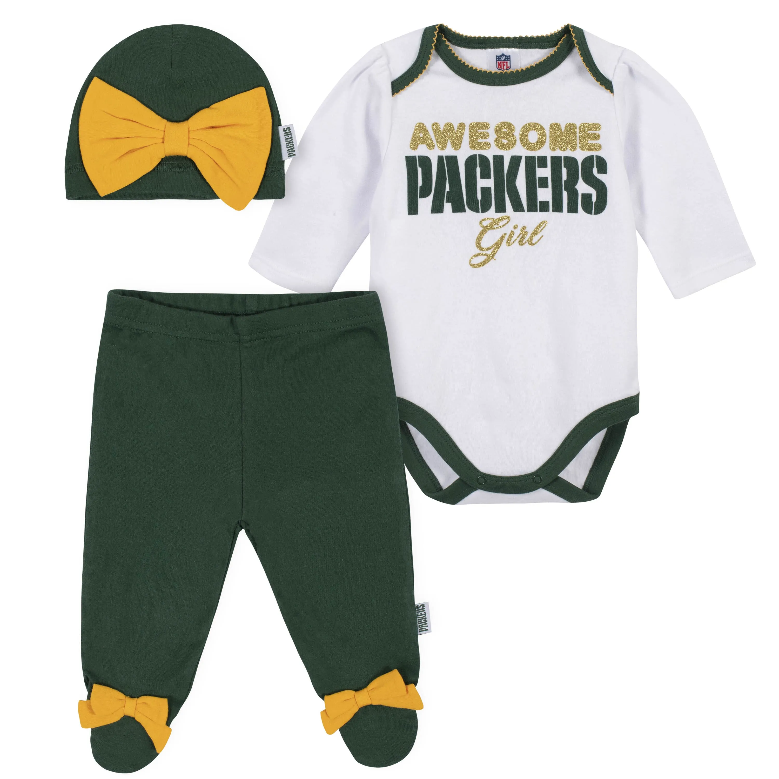 3-Piece Baby Girls Green Bay Packers Bodysuit, Footed Pant, and Cap Set