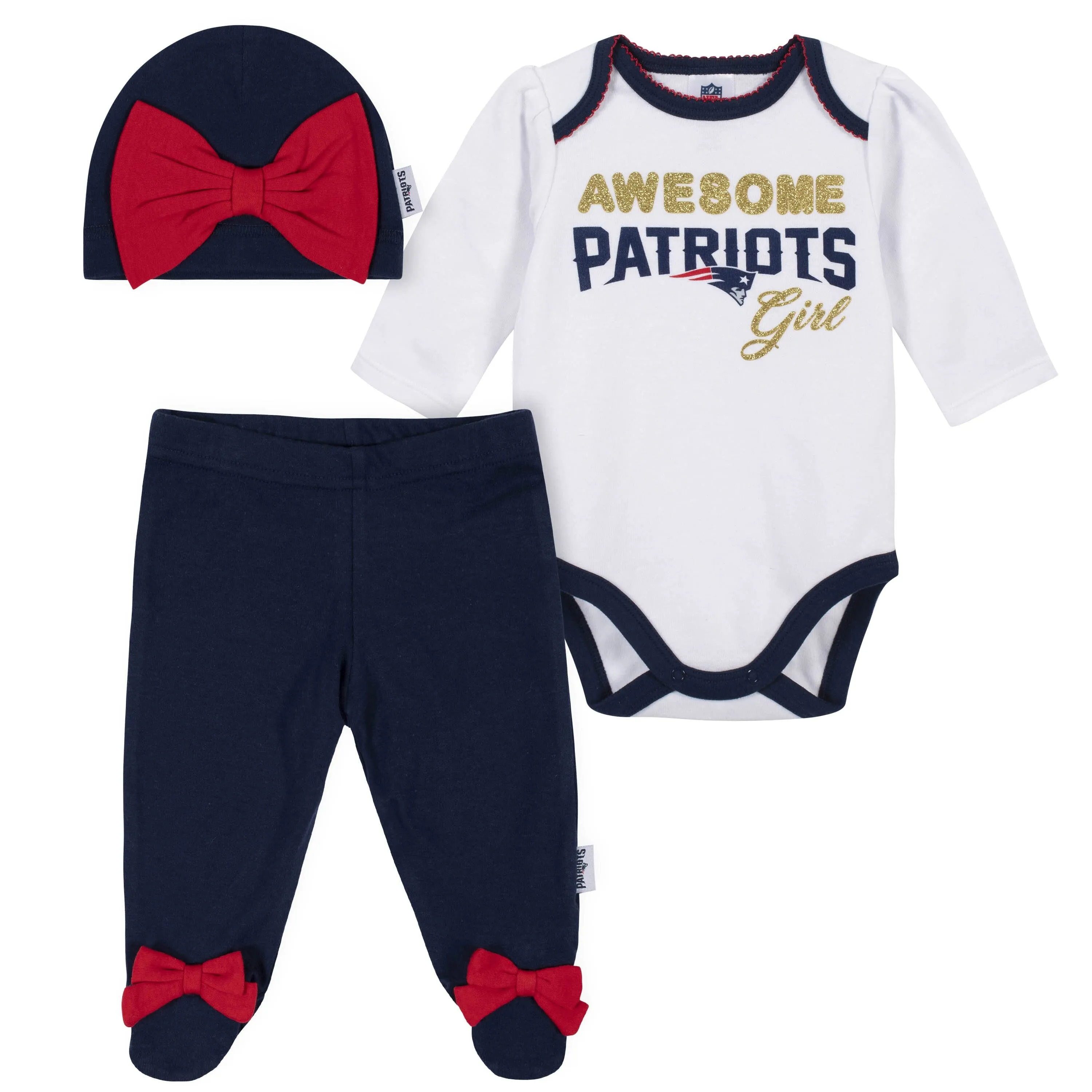 3-Piece Baby Girls New England Patriots Bodysuit, Footed Pant, and Cap Set