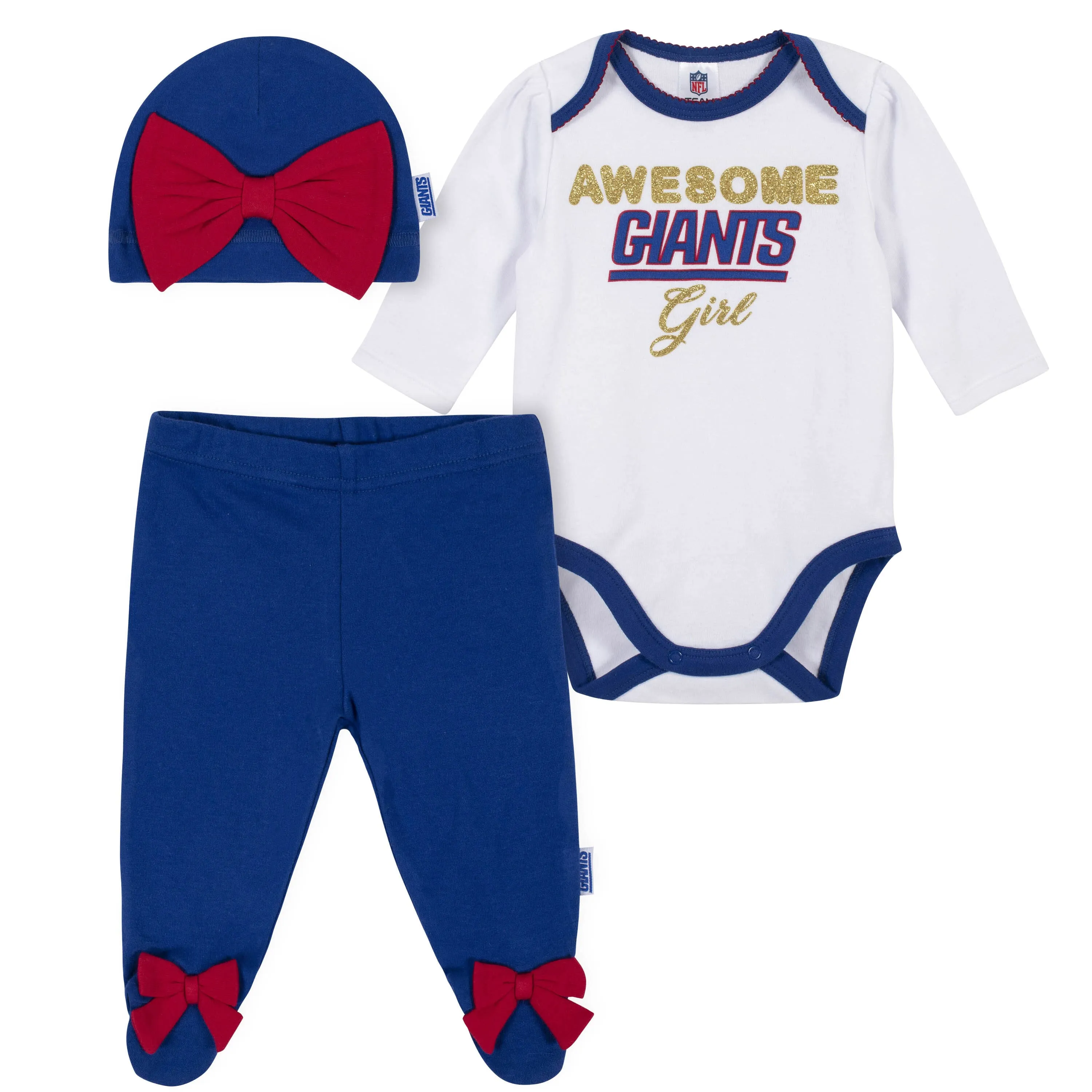 3-Piece Baby Girls New York Giants Bodysuit, Footed Pant, and Cap Set