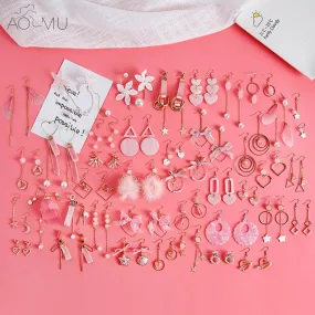 AOMU Japan Korean Pink Cute Natural Stone Beads Fur Star Moon Heart Acrylic Stud Earrings for Girl Ear Jacket Woman Jewelry