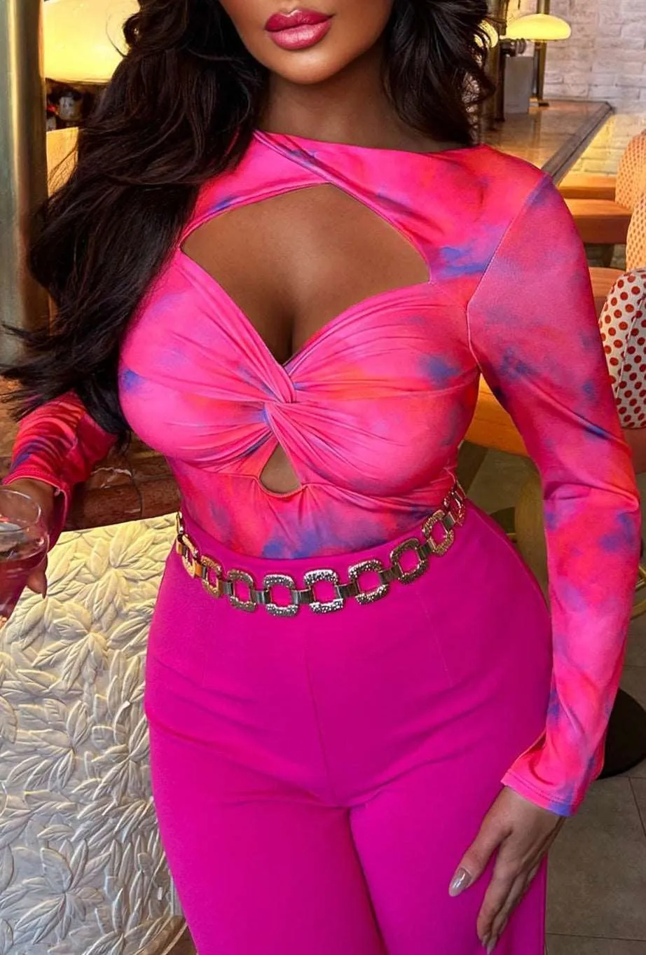 Baddie Mode Hot Pink Marble Print Cut Out Bodysuit