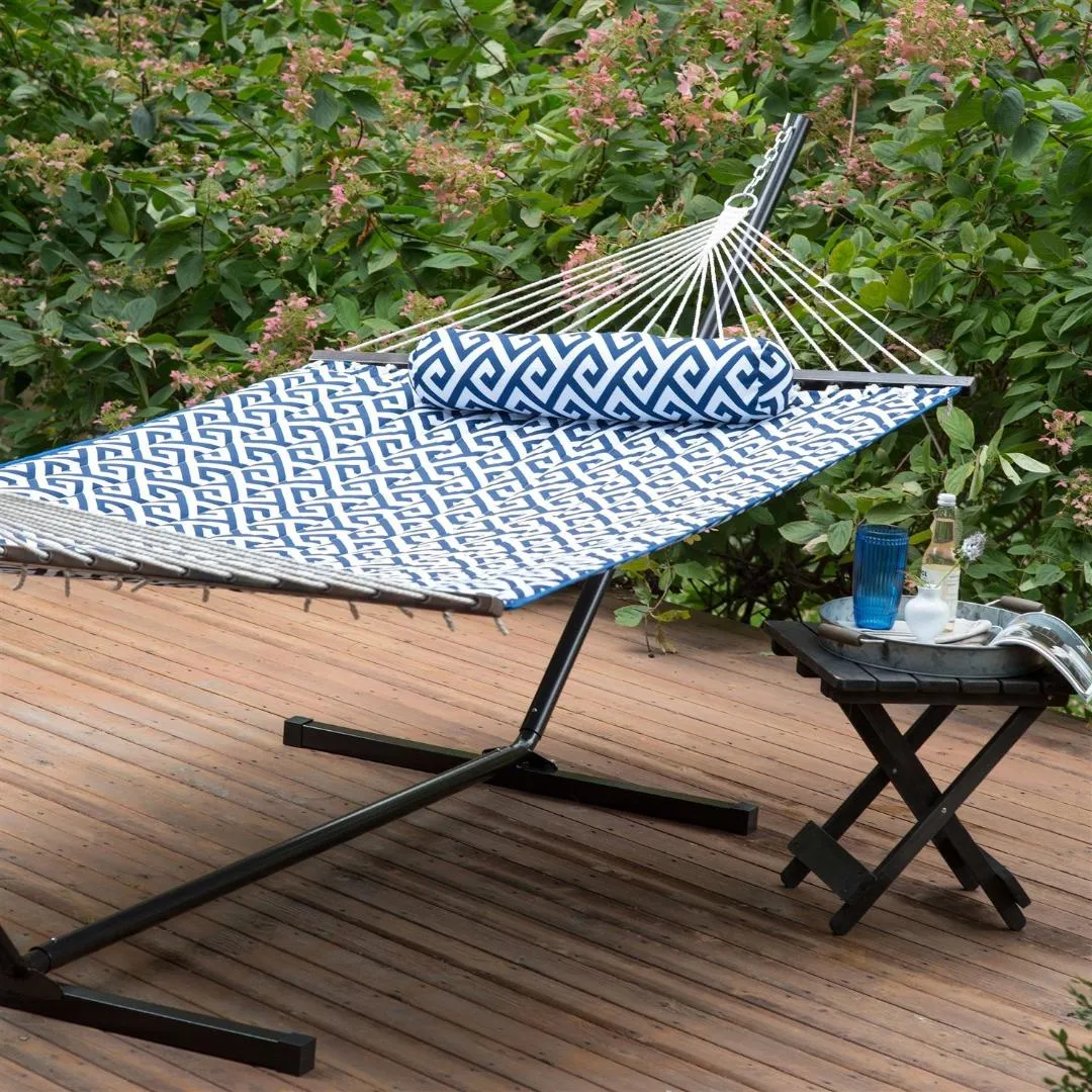 Blue White Meander Quilted 11-Ft Hammock with Sturdy Metal Stand