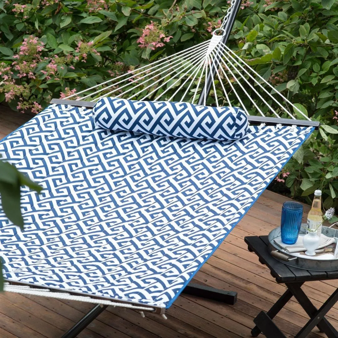 Blue White Meander Quilted 11-Ft Hammock with Sturdy Metal Stand