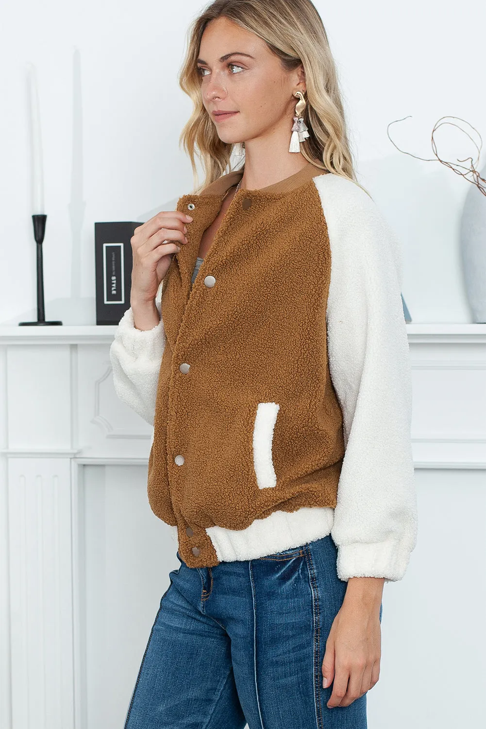 Brown Contrast White Sleeve Snap Button Sherpa Jacket