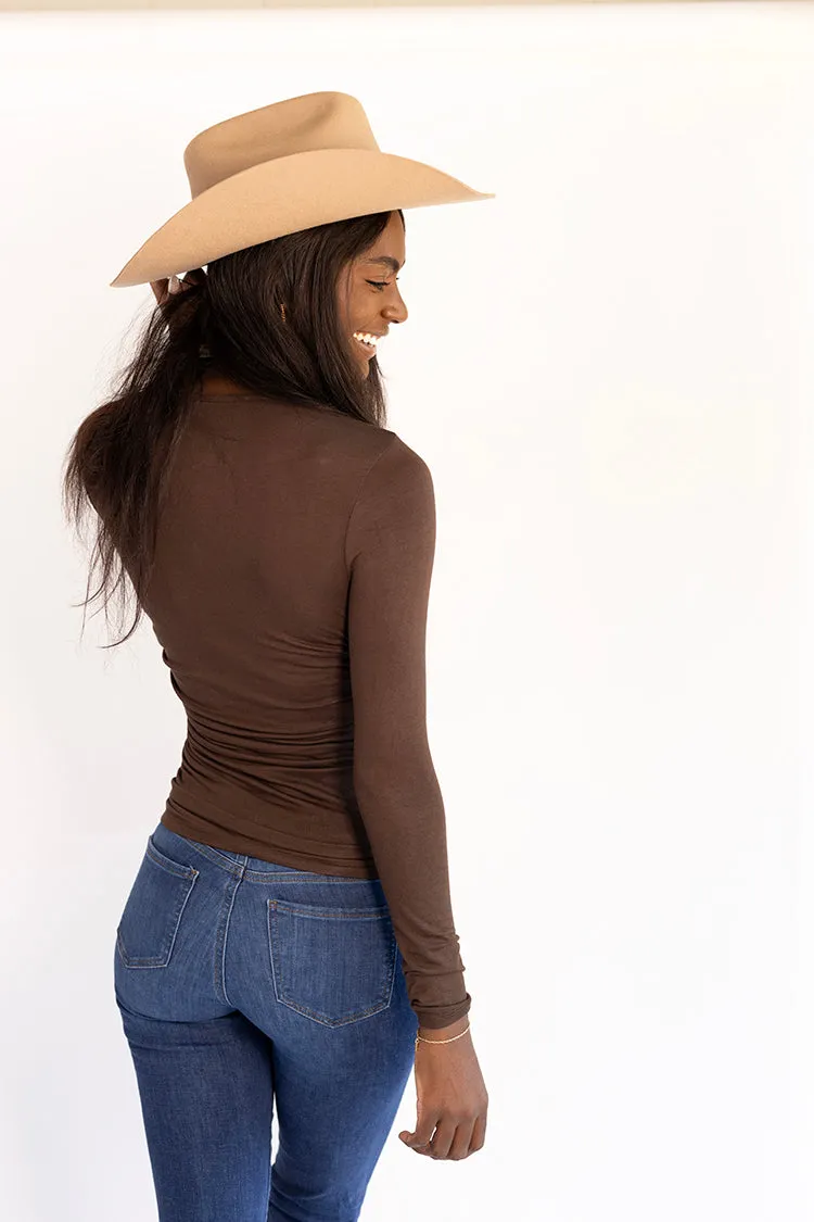 Brown Crewneck Long Sleeve Ruched Waist Top