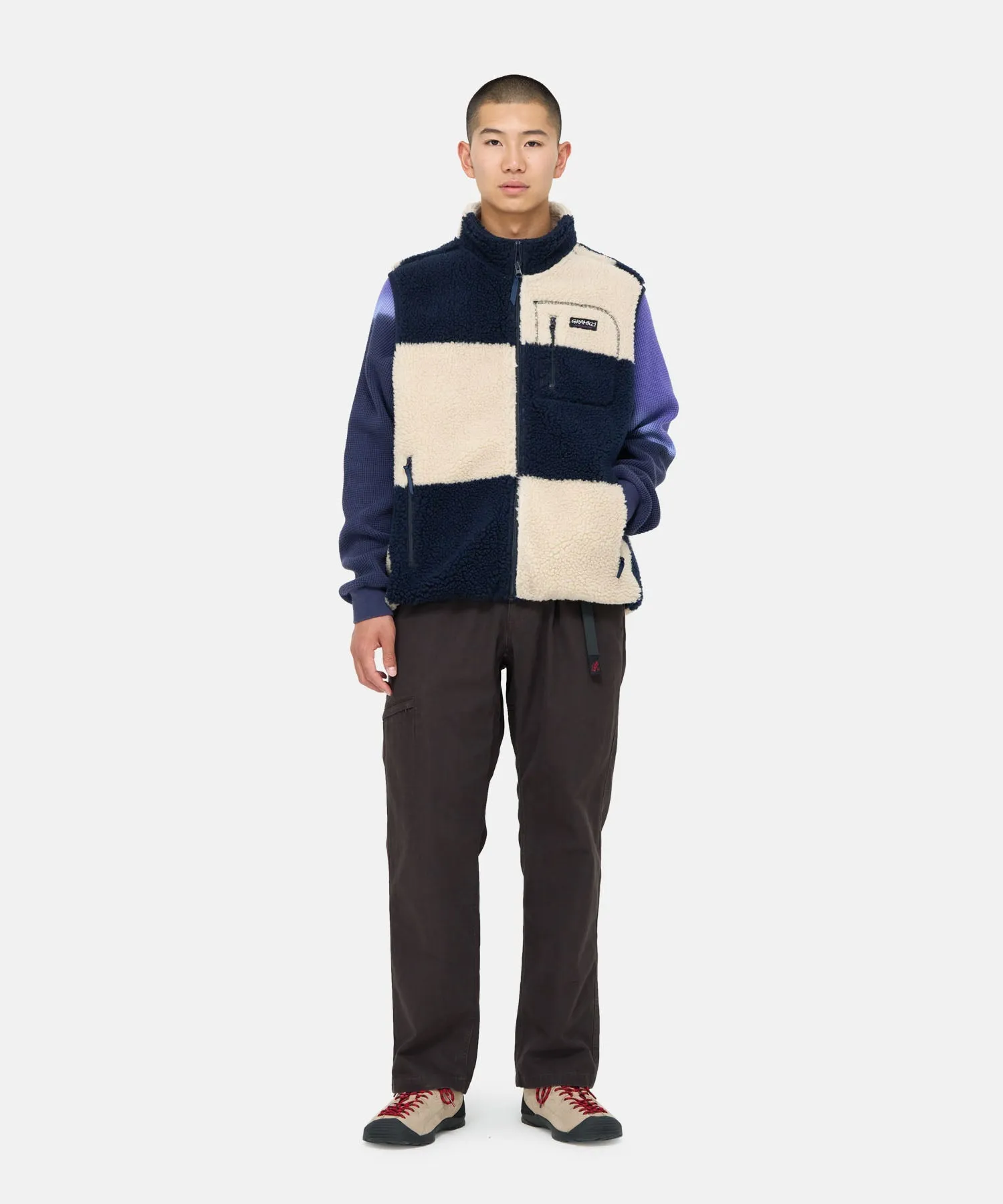 CHECKERED SHERPA VEST NATURAL / NAVY CHECK