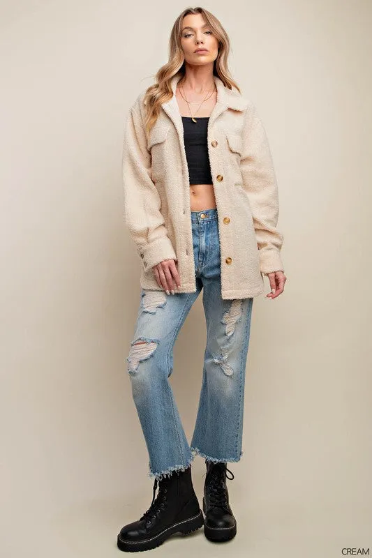 Cream Teddy Fleece Button Front Shirt Jacket