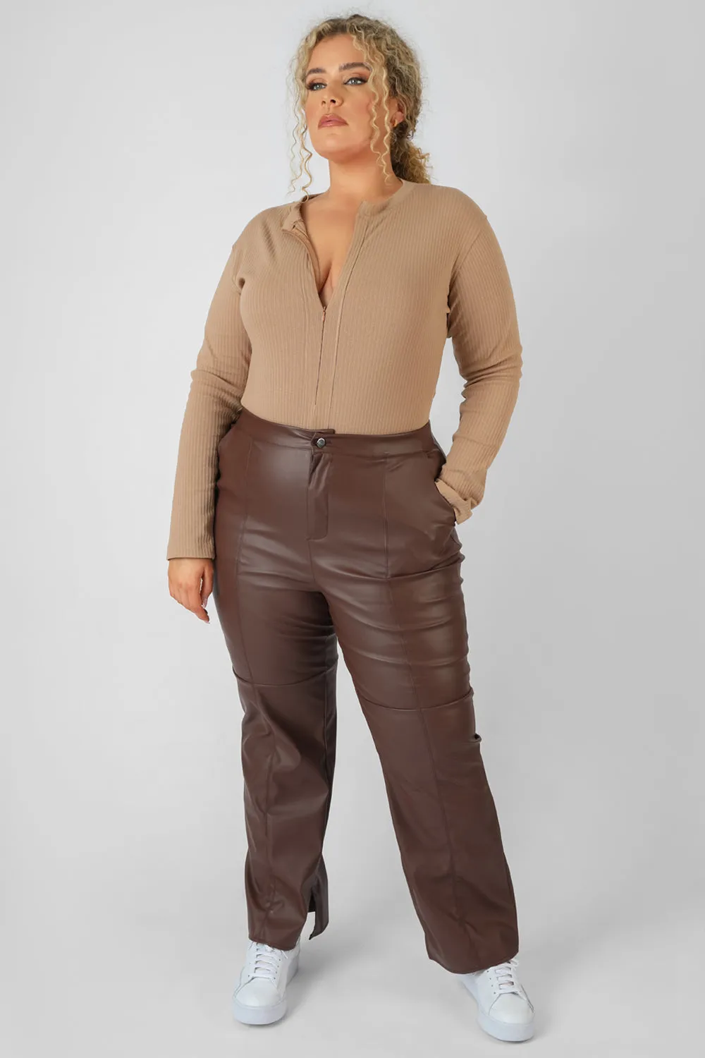 Curve Zip Front Ribbed Bodysuit Light Brown