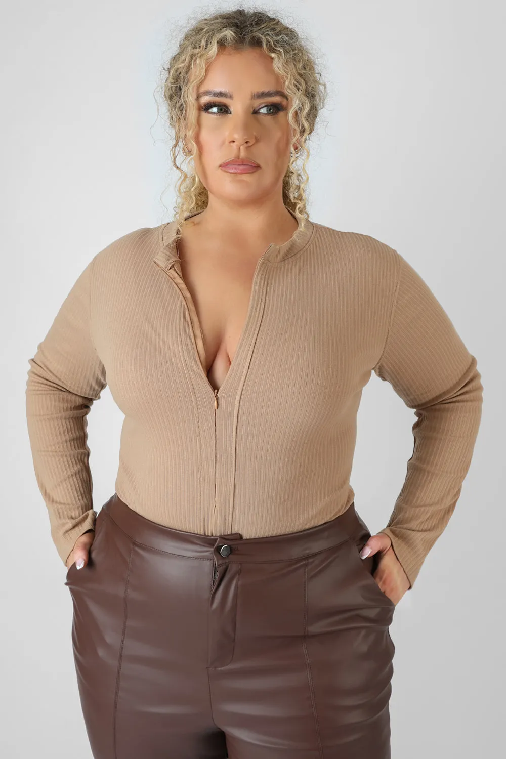 Curve Zip Front Ribbed Bodysuit Light Brown