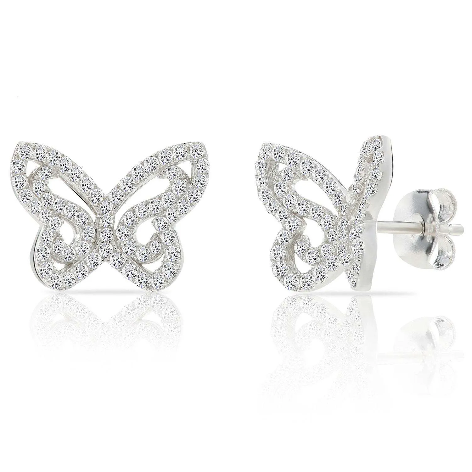 CZ Ear Jacket Double Butterfly Stud Earrings in Sterling Silver