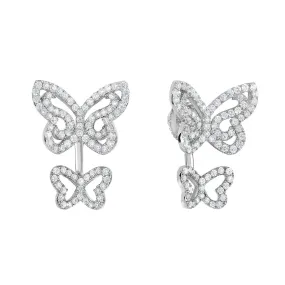 CZ Ear Jacket Double Butterfly Stud Earrings in Sterling Silver