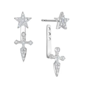 CZ Ear Jacket Double Star & Cross Stud Earrings in Sterling Silver