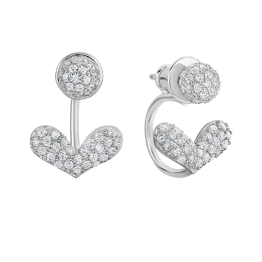 CZ Heart Illusion Earrings, Back Front Ear Jacket Style in Sterling Silver