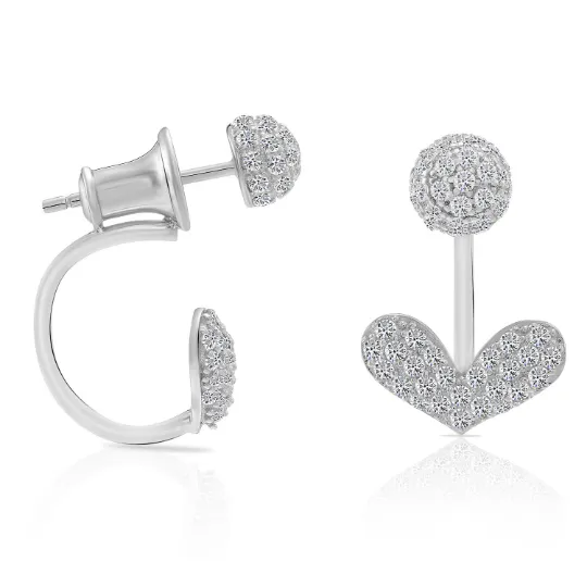 CZ Heart Illusion Earrings, Back Front Ear Jacket Style in Sterling Silver