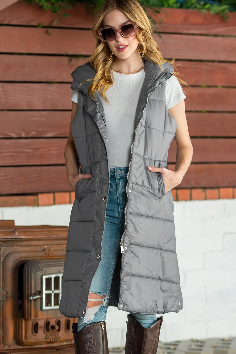 Dark Grey Hooded Pocketed Quilted Long Vest Coat