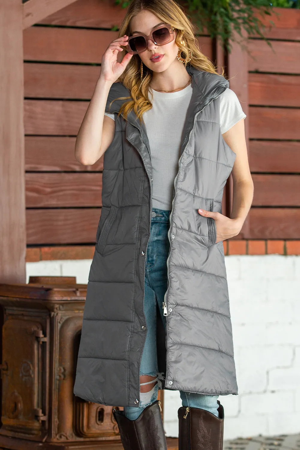 Dark Grey Hooded Pocketed Quilted Long Vest Coat