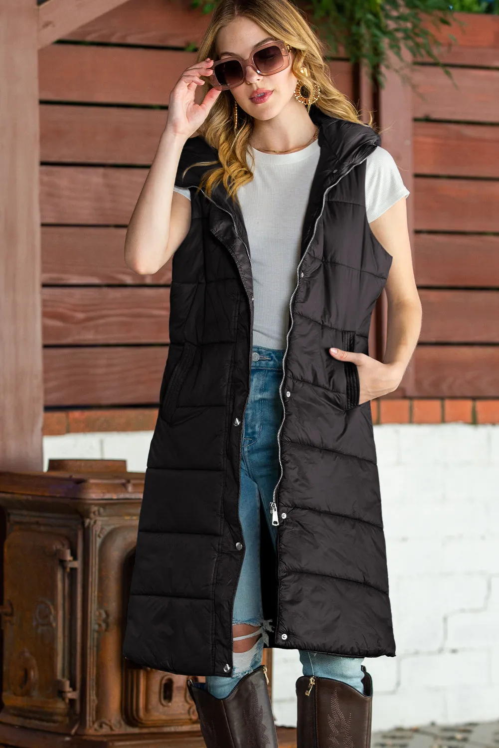 Dark Grey Hooded Pocketed Quilted Long Vest Coat