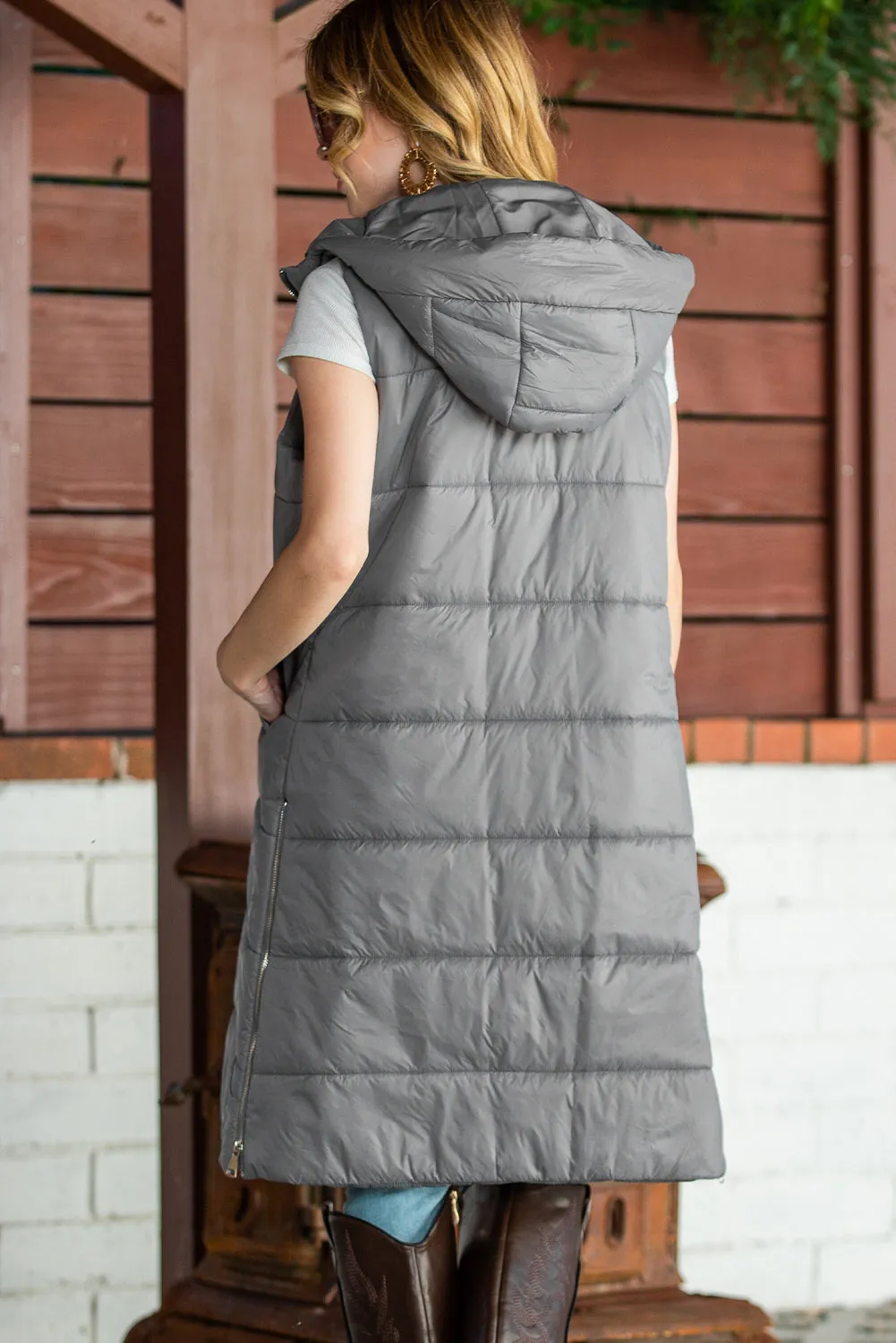 Dark Grey Hooded Pocketed Quilted Long Vest Coat