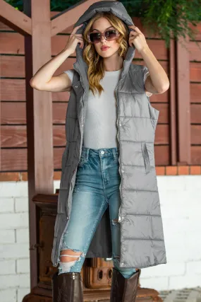 Dark Grey Hooded Pocketed Quilted Long Vest Coat