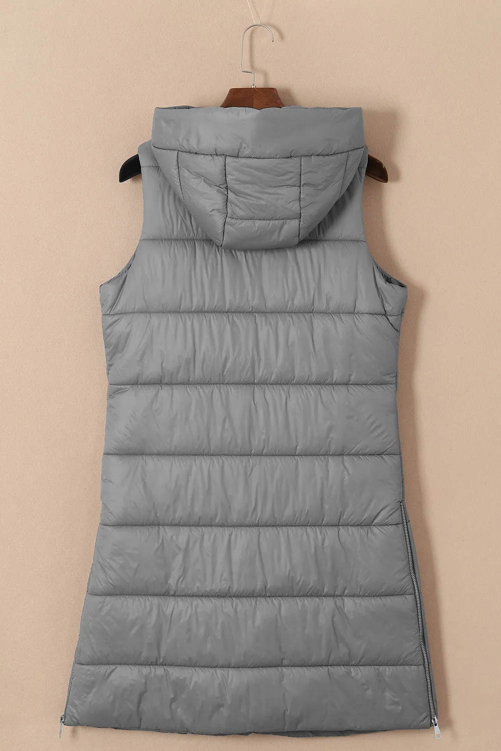 Dark Grey Hooded Pocketed Quilted Long Vest Coat