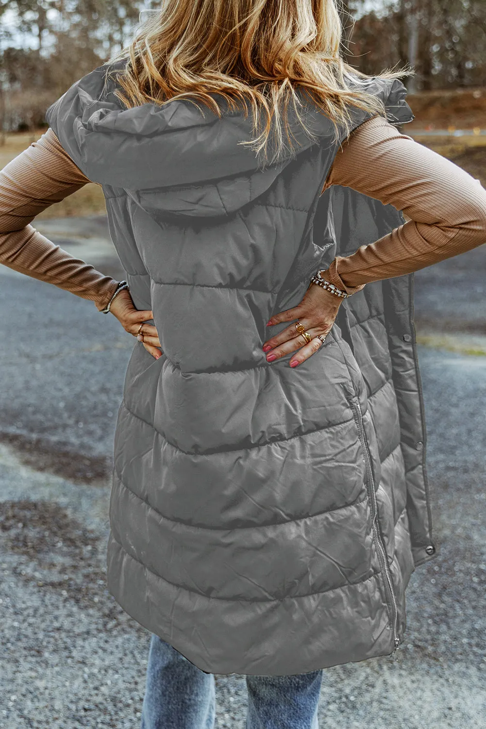 Dark Grey Hooded Pocketed Quilted Long Vest Coat