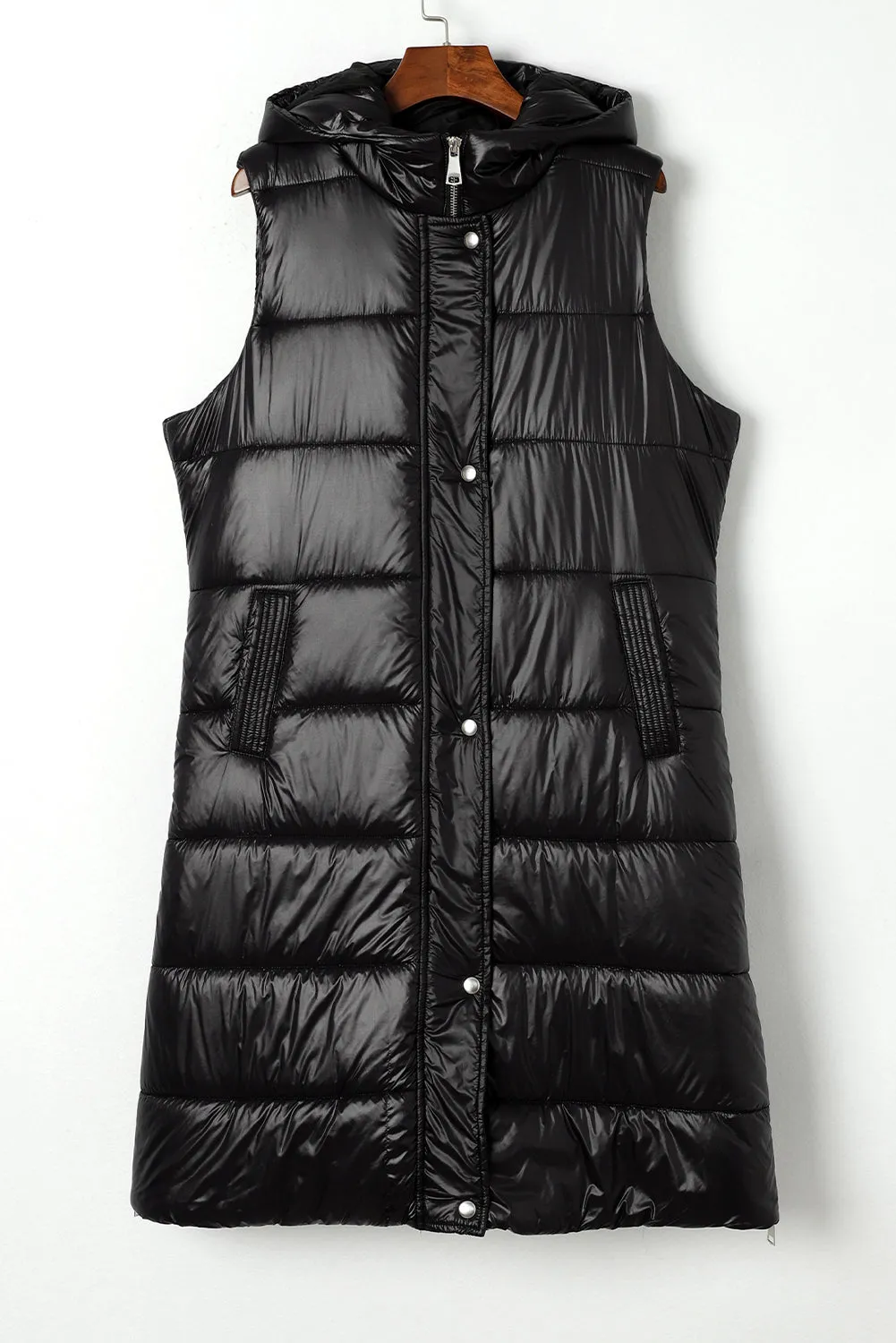 Dark Grey Hooded Pocketed Quilted Long Vest Coat