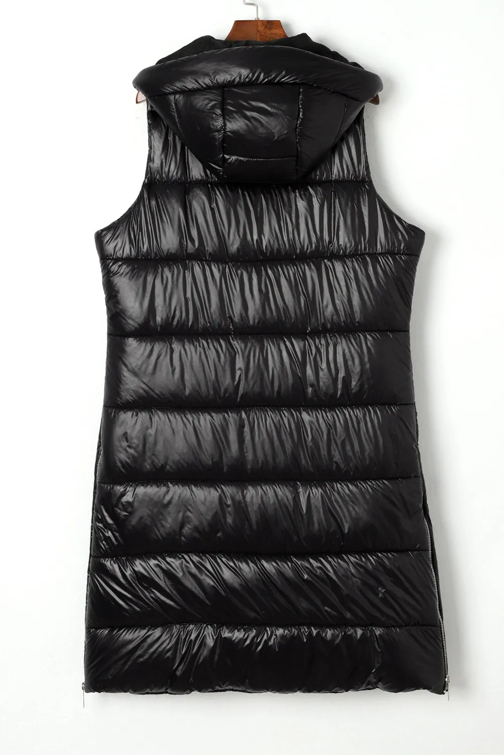 Dark Grey Hooded Pocketed Quilted Long Vest Coat