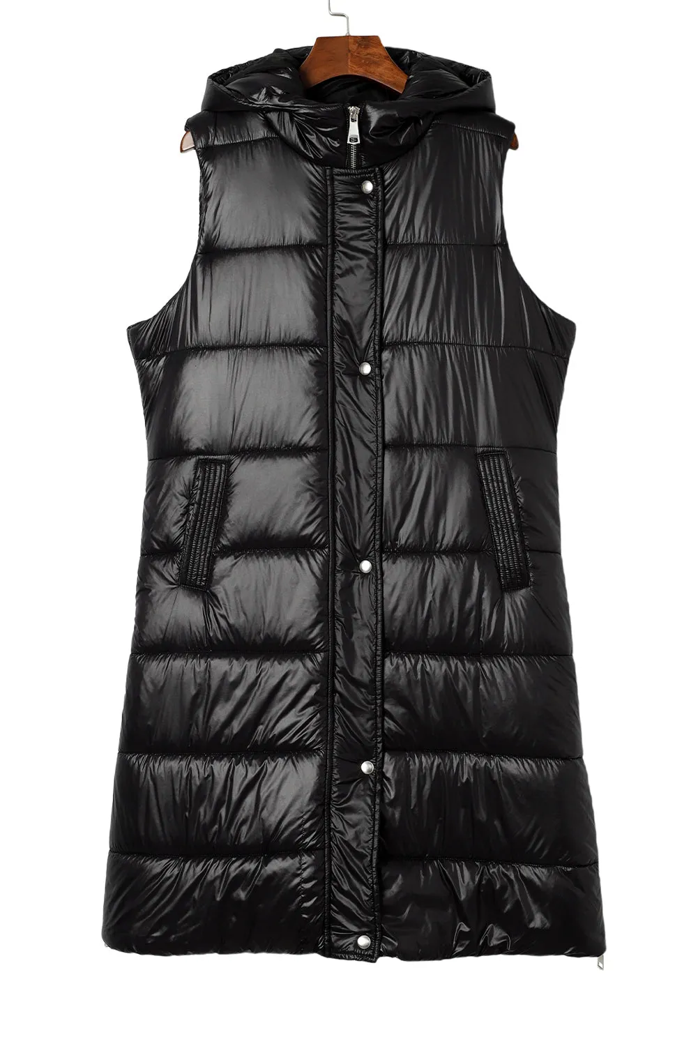 Dark Grey Hooded Pocketed Quilted Long Vest Coat