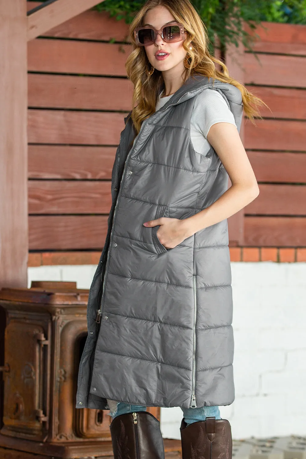 Dark Grey Hooded Pocketed Quilted Long Vest Coat