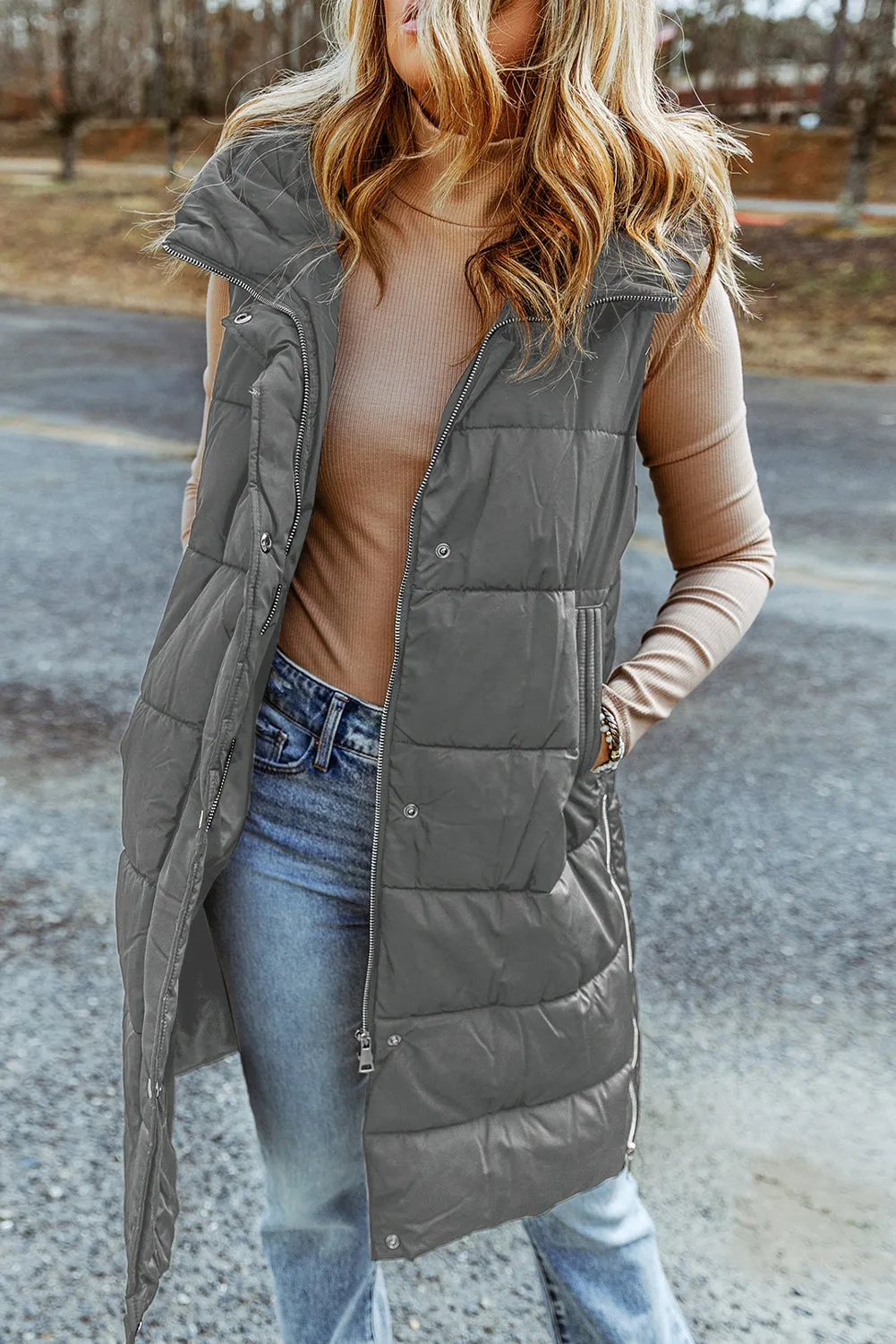 Dark Grey Hooded Pocketed Quilted Long Vest Coat