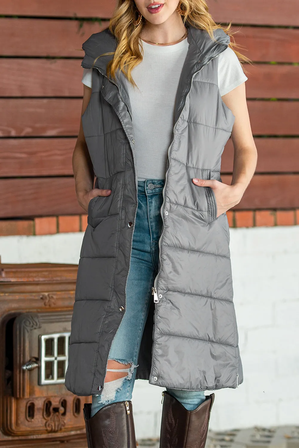 Dark Grey Hooded Pocketed Quilted Long Vest Coat