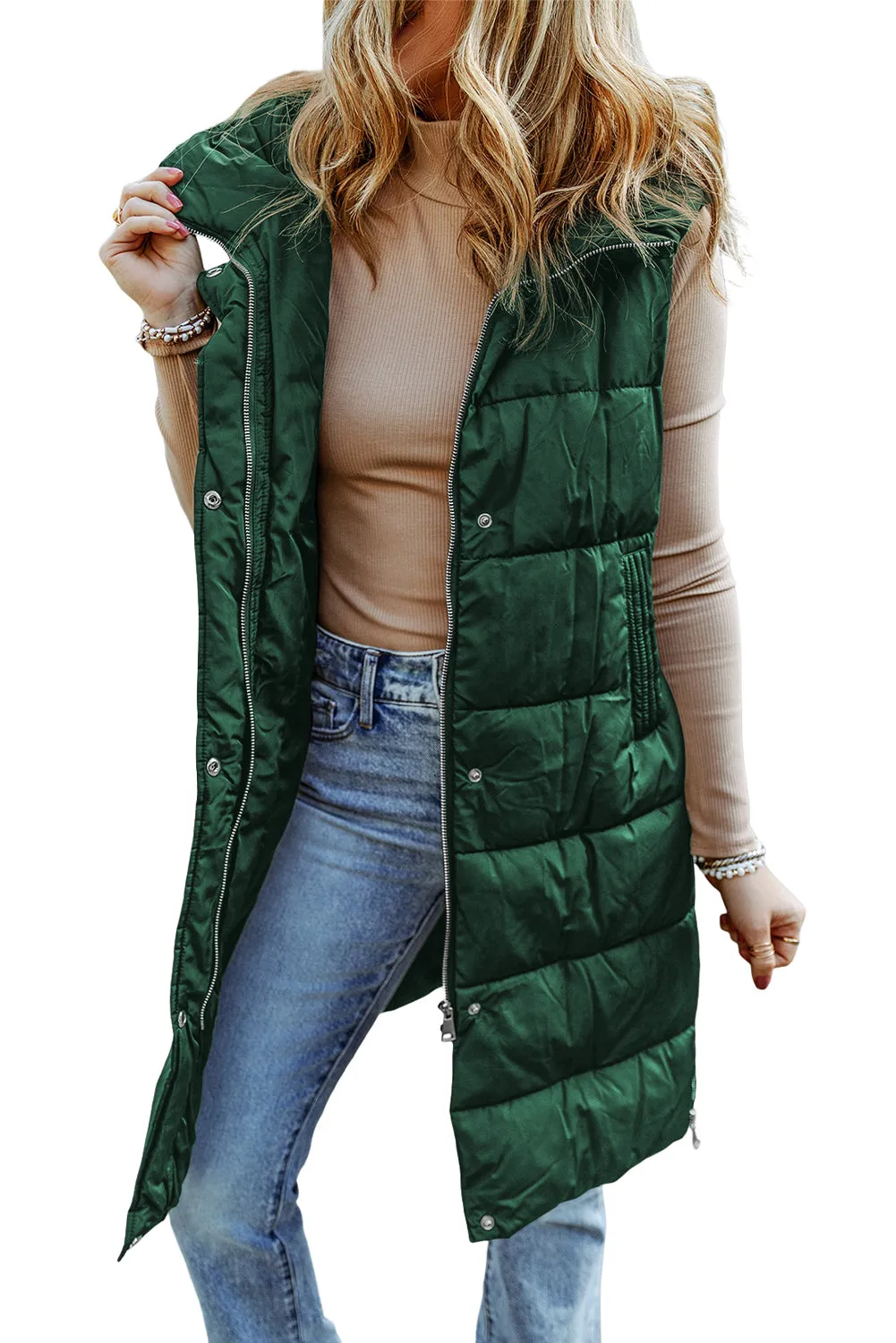 Dark Grey Hooded Pocketed Quilted Long Vest Coat