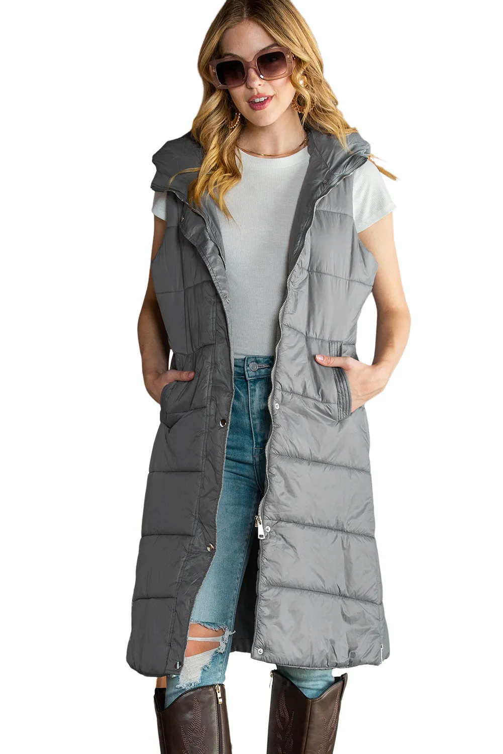 Dark Grey Hooded Pocketed Quilted Long Vest Coat