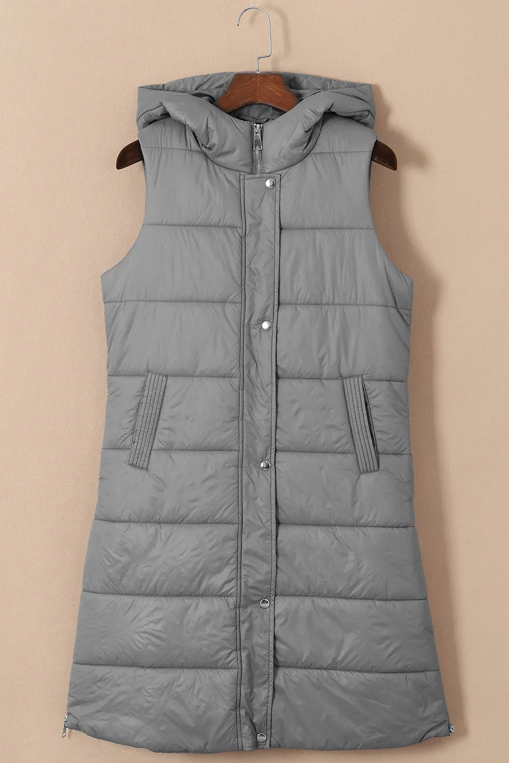 Dark Grey Hooded Pocketed Quilted Long Vest Coat