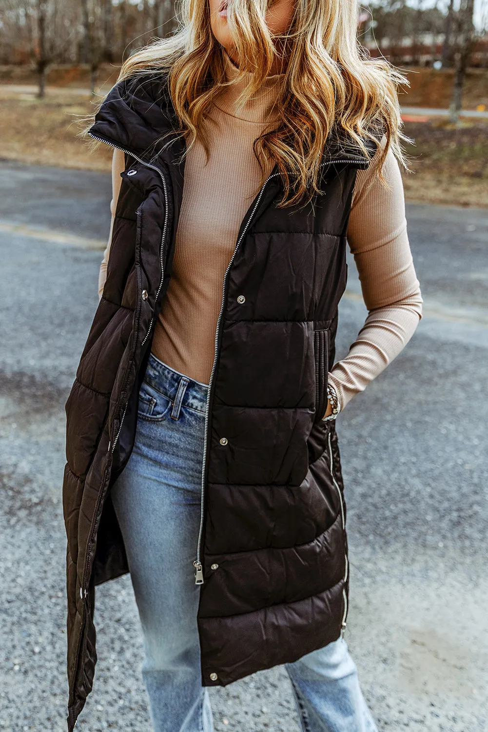 Dark Grey Hooded Pocketed Quilted Long Vest Coat