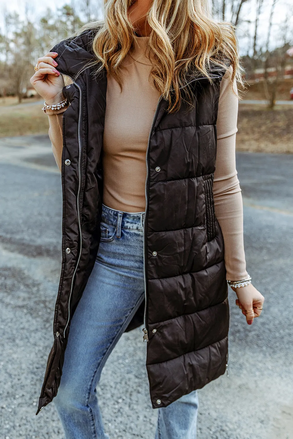 Dark Grey Hooded Pocketed Quilted Long Vest Coat