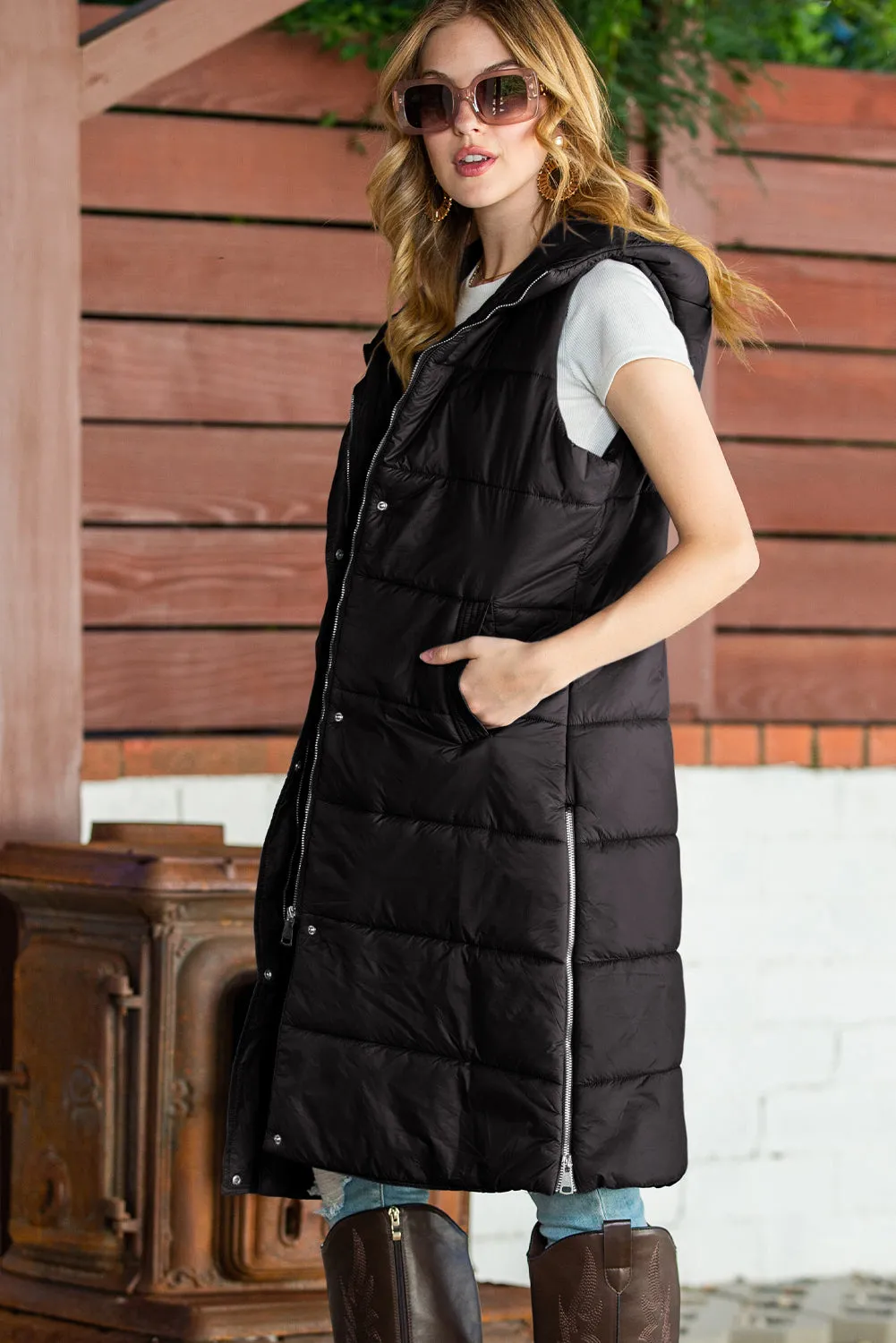 Dark Grey Hooded Pocketed Quilted Long Vest Coat