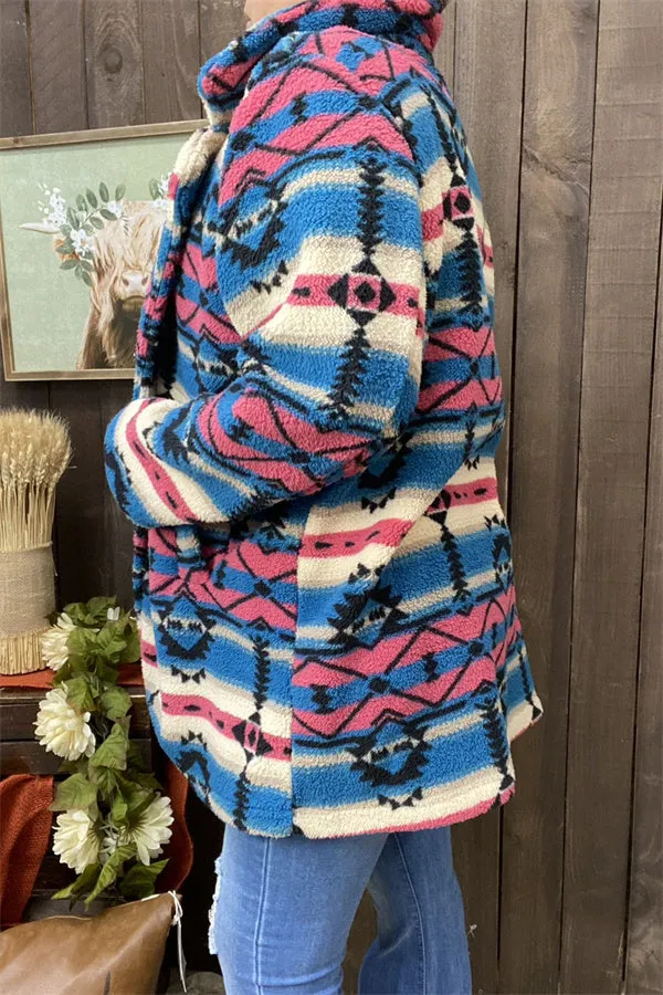 DLH14505 Aztec turquoise&fuchsia multi color printed  winter woolen fabric women coat for women