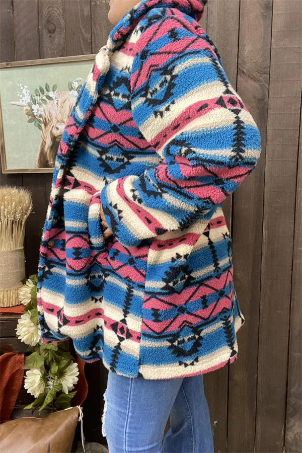 DLH14505 Aztec turquoise&fuchsia multi color printed  winter woolen fabric women coat for women