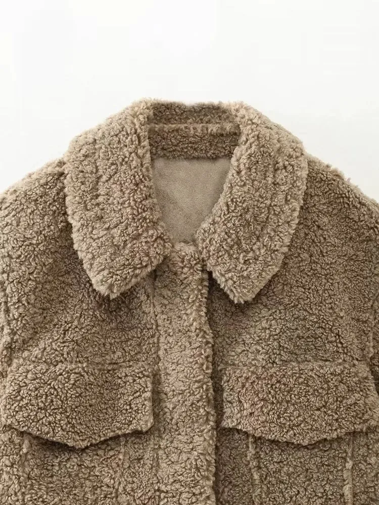 Front Pockets Sherpa Cropped Jacket