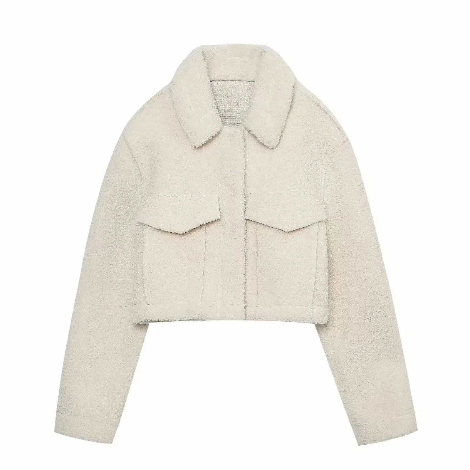 Front Pockets Sherpa Cropped Jacket