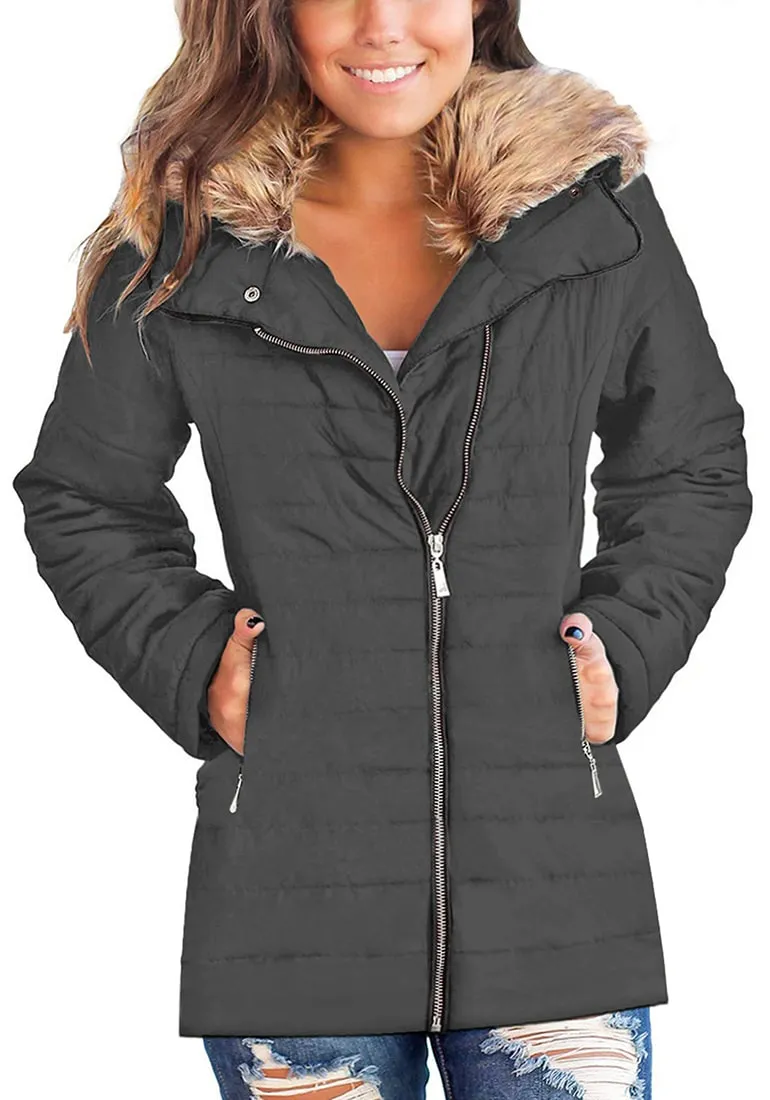 Grey Oversized Faux Fur Collar Zip-Up Quilted Jacket