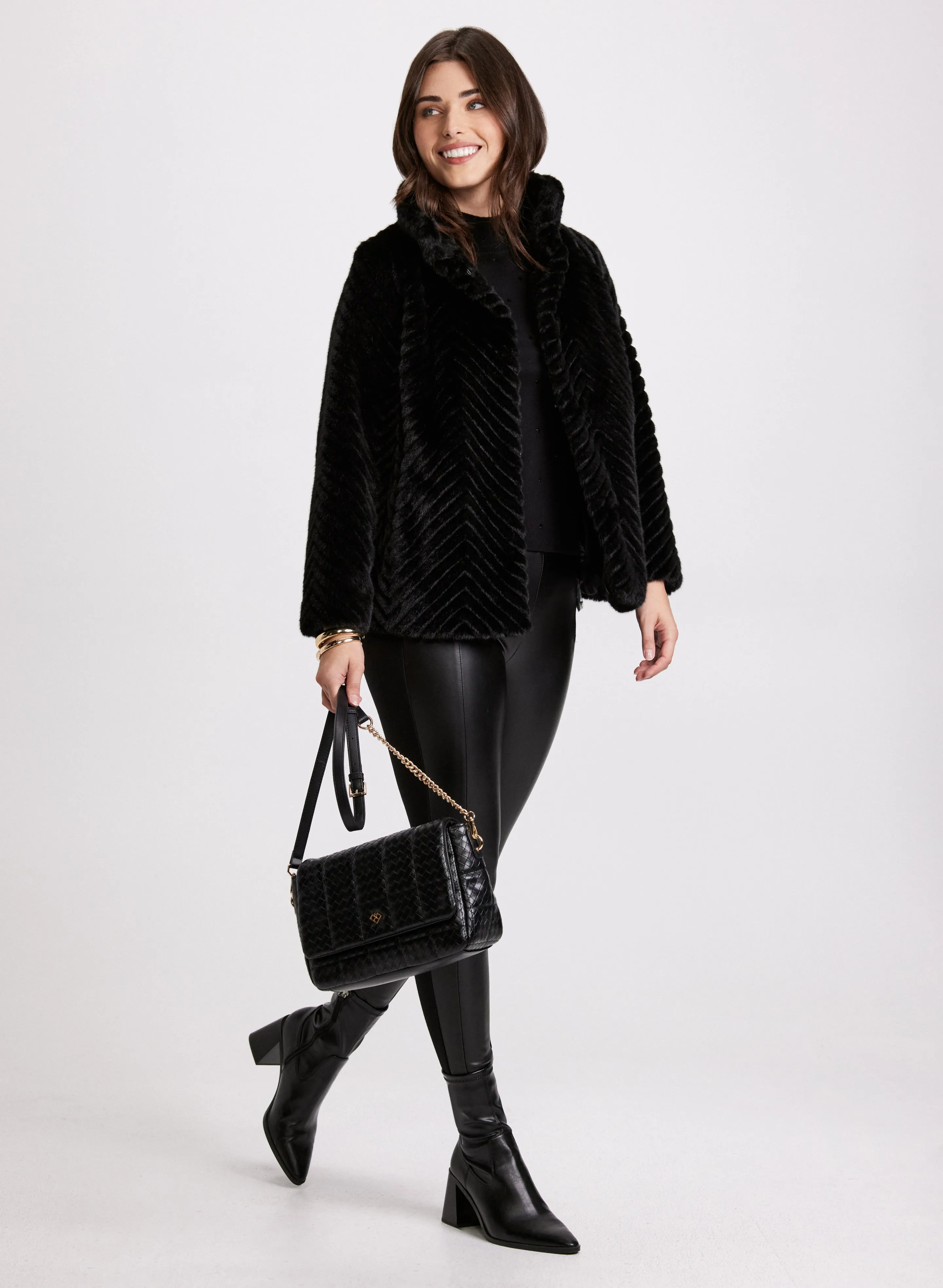 Herringbone Quilted Faux Fur Coat