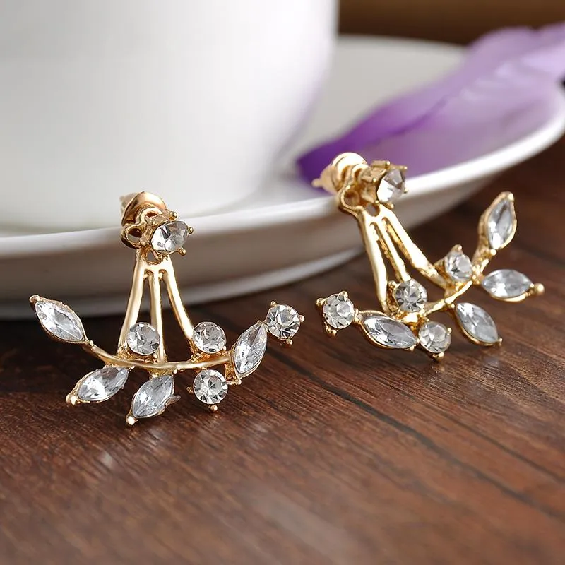 Hot Crystal Leaf Ear Jacket Earrings Gold Color Back Cuff Stud Earrings for Women Statement Jewelry Ear Studs Free shipping