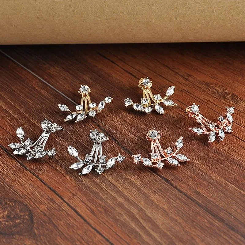 Hot Crystal Leaf Ear Jacket Earrings Gold Color Back Cuff Stud Earrings for Women Statement Jewelry Ear Studs Free shipping